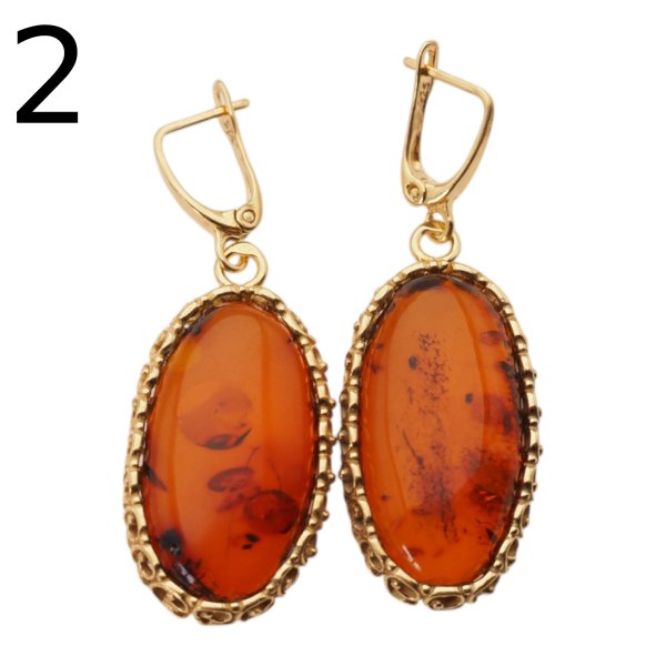 Koniakowy Bursztyn w srebrze złoconym - kolczyki owale