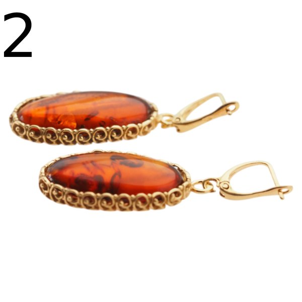 Koniakowy Bursztyn w srebrze złoconym - kolczyki owale