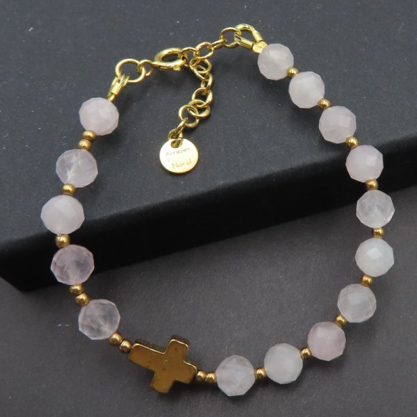Kwarc Różowy, hematyt i srebro złocone  - bransoletka różaniec mały rozmiar (dla dziewczynki)