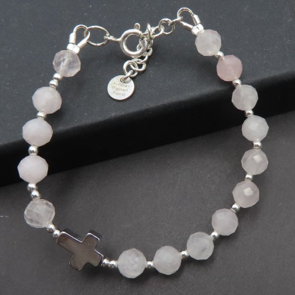 Kwarc Różowy, hematyt i srebro - bransoletka różaniec mały rozmiar (dla dziewczynki)