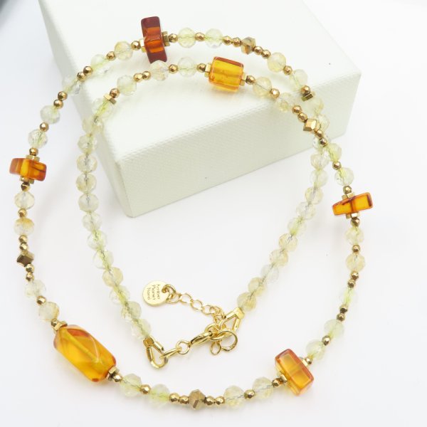 Naszyjnik Cytryn, Bursztyn i Hematyt w srebrze złoconym