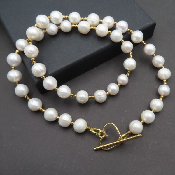 Perły Naturalne, hematyt i srebro złocone - naszyjnik 