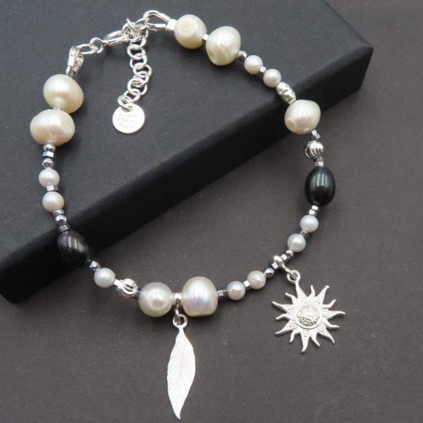 Perły Naturalne  i hematyt w srebrze - bransoletka