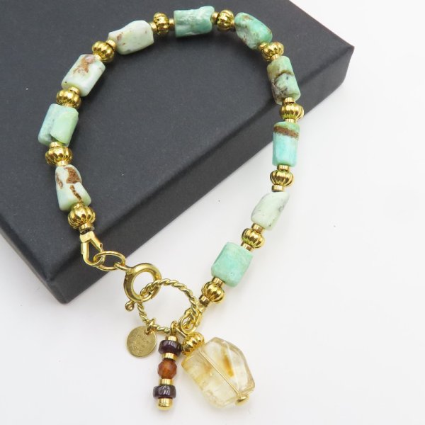 Chryzopraz, Cytryn, Granat i srebro złocone - bransoletka 