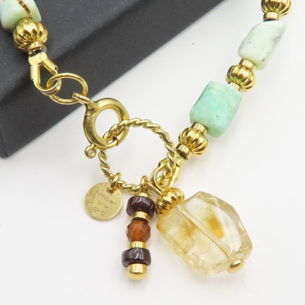 Chryzopraz, Cytryn, Granat i srebro złocone - bransoletka 