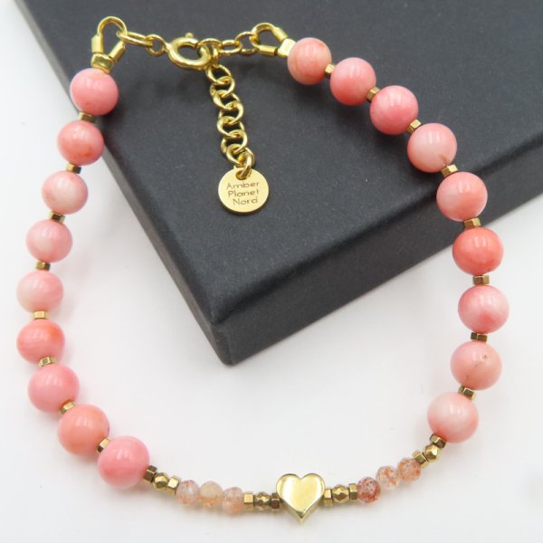 Koral, Kamień Słoneczny i Hematyt w srebrze złoconym - bransoletka