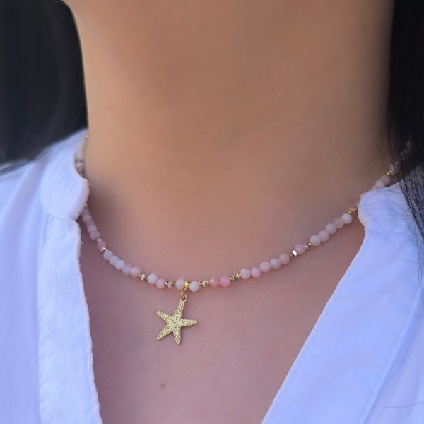 Opal Różowy i Hematyt w srebrze złoconym - naszyjnik