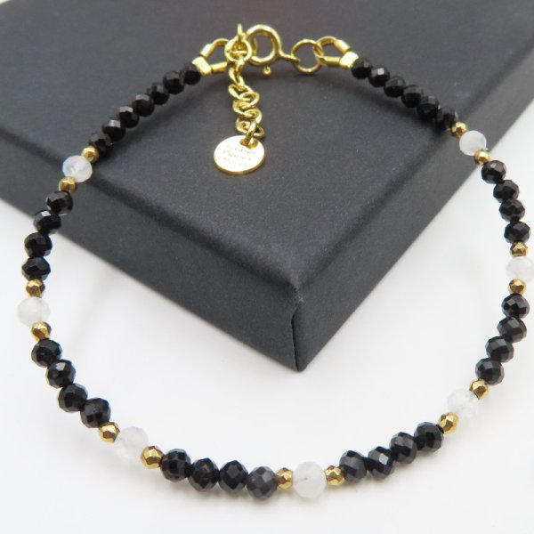 Turmalin, Kamień Księżycowy i hematyt w srebrze złoconym - bransoletka