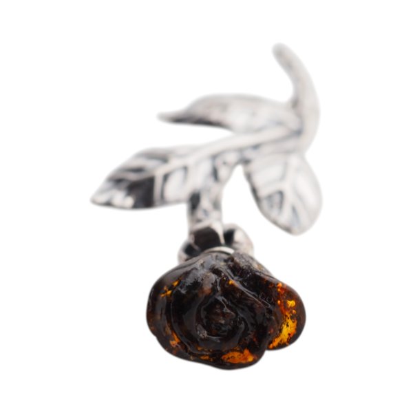 Bursztyn ciemny koniakowy i srebro oksydowane - broszka róża