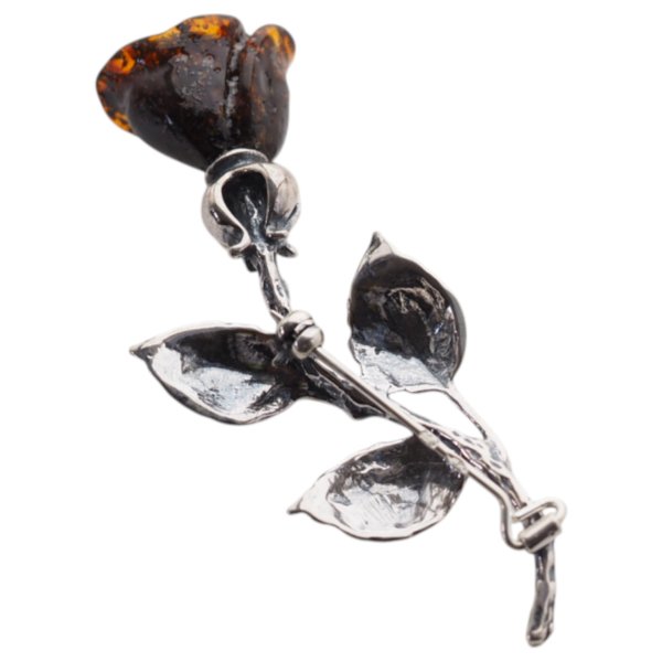 Bursztyn ciemny koniakowy i srebro oksydowane - broszka róża