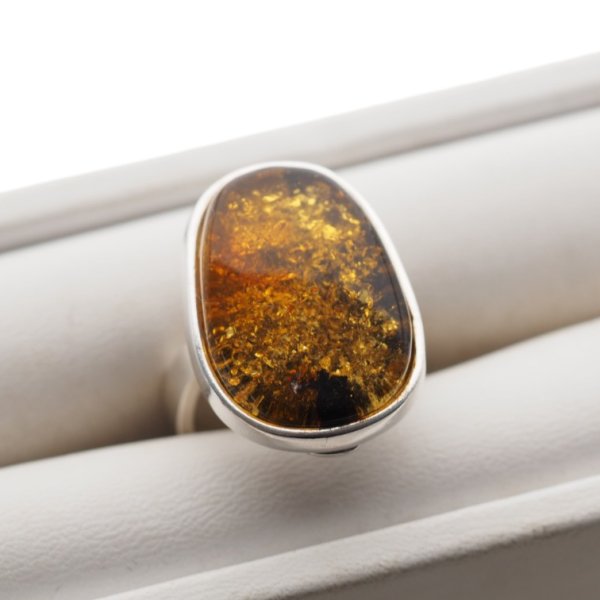 Pierścionek - złoto-zielony Bursztyn i srebro 925 (rozmiar 13-17)
