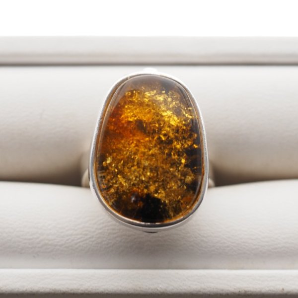 Pierścionek - złoto-zielony Bursztyn i srebro 925 (rozmiar 13-17)