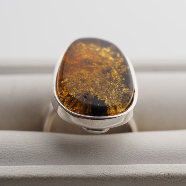 Pierścionek - złoto-zielony Bursztyn i srebro 925 (rozmiar 13-17)