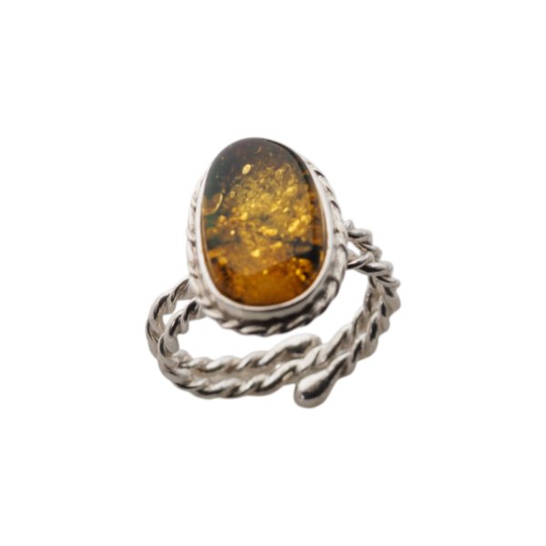 Pierścionek - Zielony Bursztyn owal i srebro 925 (rozmiar 10-14)