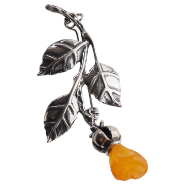 Bursztyn i srebro oksydowane - broszka róża