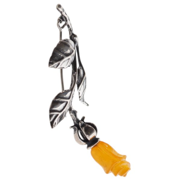 Bursztyn i srebro oksydowane - broszka róża