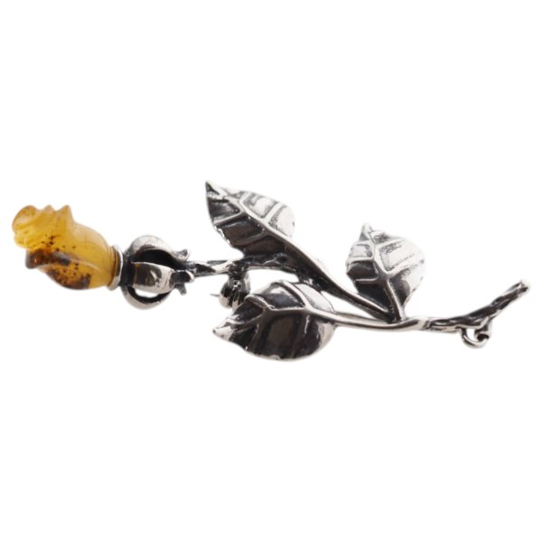 Bursztyn mleczny i srebro oksydowane - broszka róża