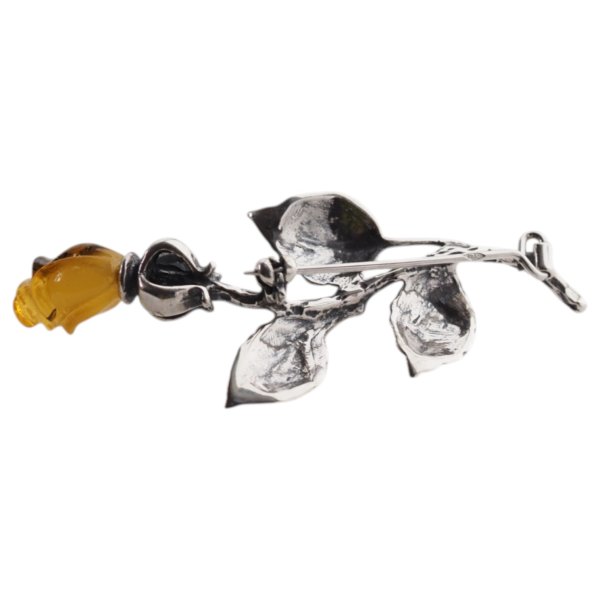 Bursztyn mleczny i srebro oksydowane - broszka róża