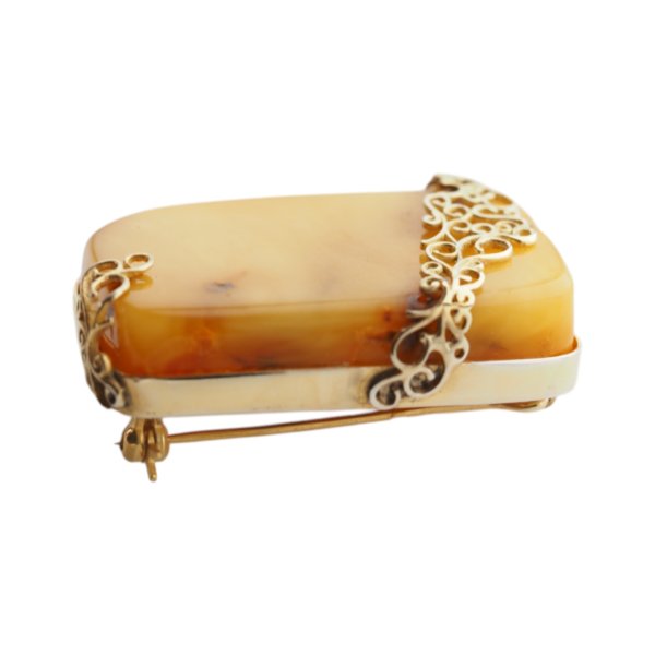 Mleczny Bursztyn i srebro złocone - broszka prostokątna