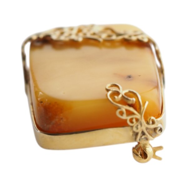 Mleczny Bursztyn i srebro złocone - broszka prostokątna