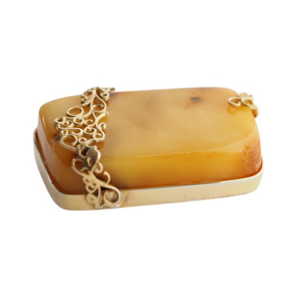 Mleczny Bursztyn i srebro złocone - broszka prostokątna