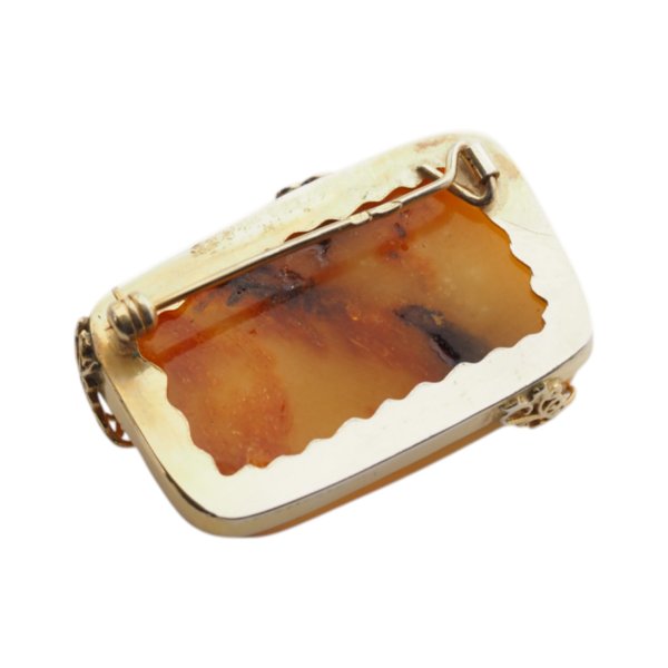 Mleczny Bursztyn i srebro złocone - broszka prostokątna