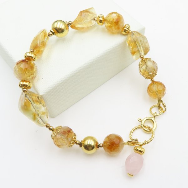 Cytryn, Kwarc Różowy i srebro złocone - bransoletka obfitości
