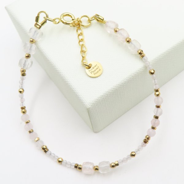 Kwarc Różowy, Kryształ Górski i Hematyt w srebrze złoconym - bransoletka