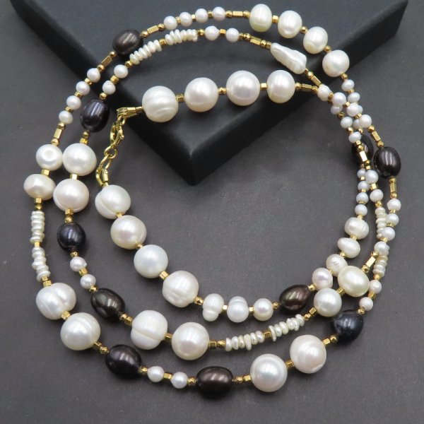 Perły Naturalne, hematyt i srebro złocone - długi naszyjnik 