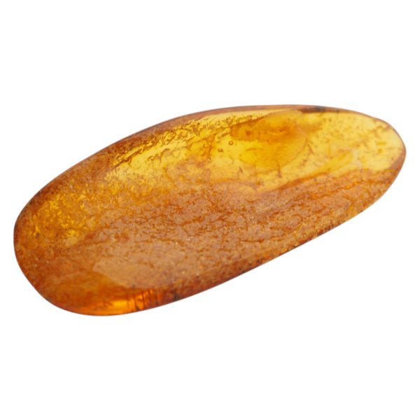 Naturalny bursztyn bałtyck, miodowyi – kaboszon 46x20x7–9 mm, polerowany przód, surowy tył