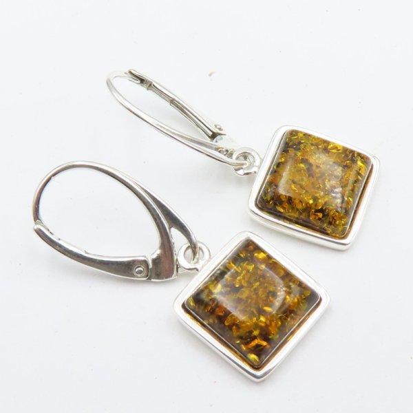 Zielony Bursztyn w srebrze - kolczyki kwadraty