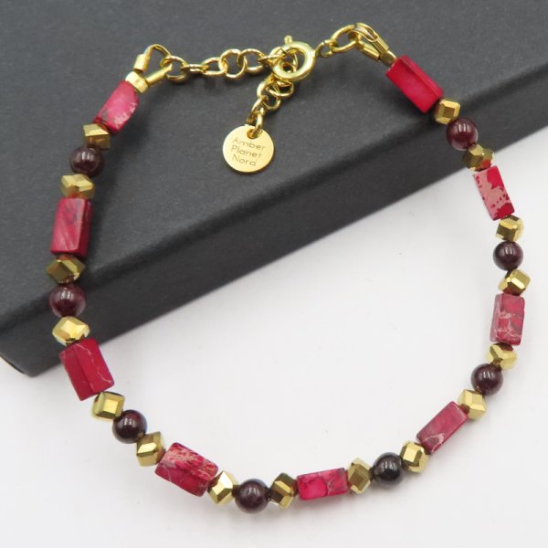 Jaspis, Granat, Hematyt i srebro złocone - bransoletka 