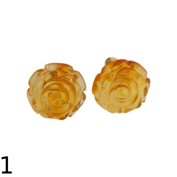 Bursztyn koniakowy, rzeźbiony i srebro złocone - kolczyki kwiatki (różne pary do wyboru)