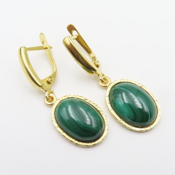 Malachit i srebro złocone - kolczyki markizy (para)