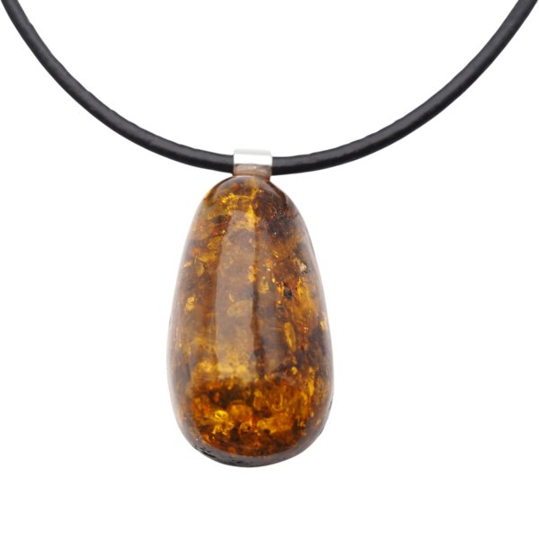 Bursztyn koniakowy z łuskami i srebro - naszyjnik na rzemieniu