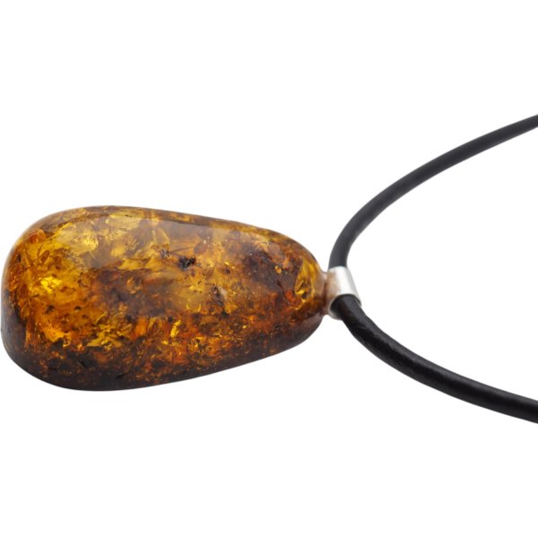 Bursztyn koniakowy z łuskami i srebro - naszyjnik na rzemieniu