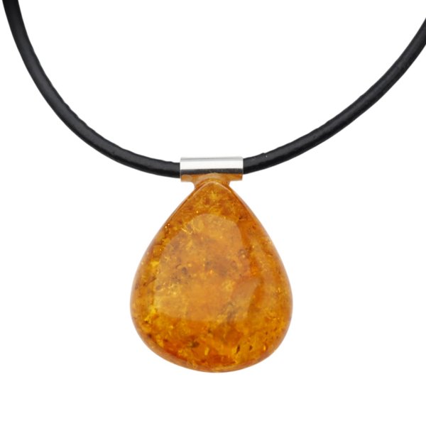 Bursztyn z łuskami i srebro - naszyjnik na rzemieniu