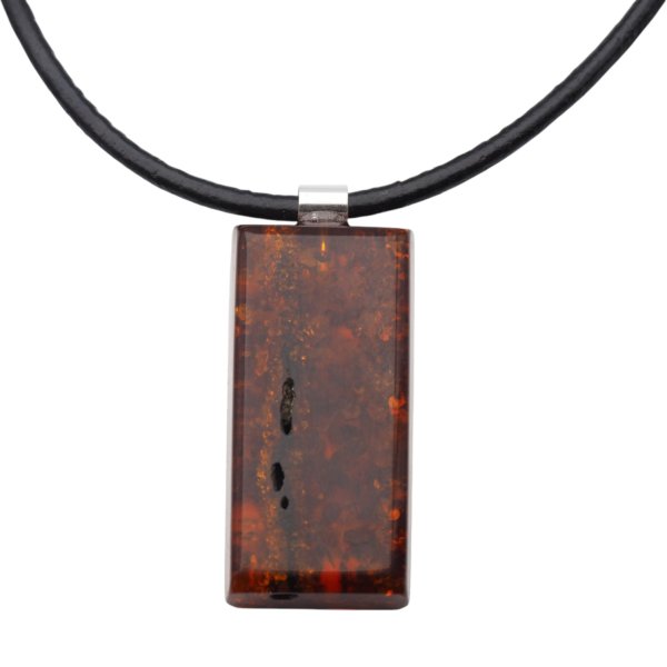 Koniakowy Bursztyn prostokątny z łuskami i srebro - naszyjnik na rzemieniu