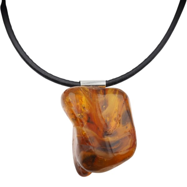 Muchy, inkluzje roślinne w bursztynie i srebro - naszyjnik na rzemieniu