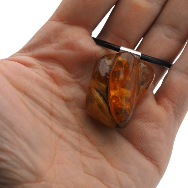 Muchy, inkluzje roślinne w bursztynie i srebro - naszyjnik na rzemieniu