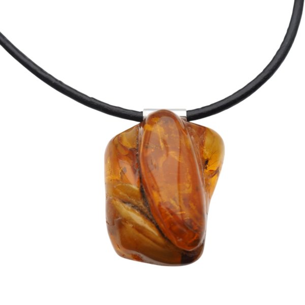 Muchy, inkluzje roślinne w bursztynie i srebro - naszyjnik na rzemieniu