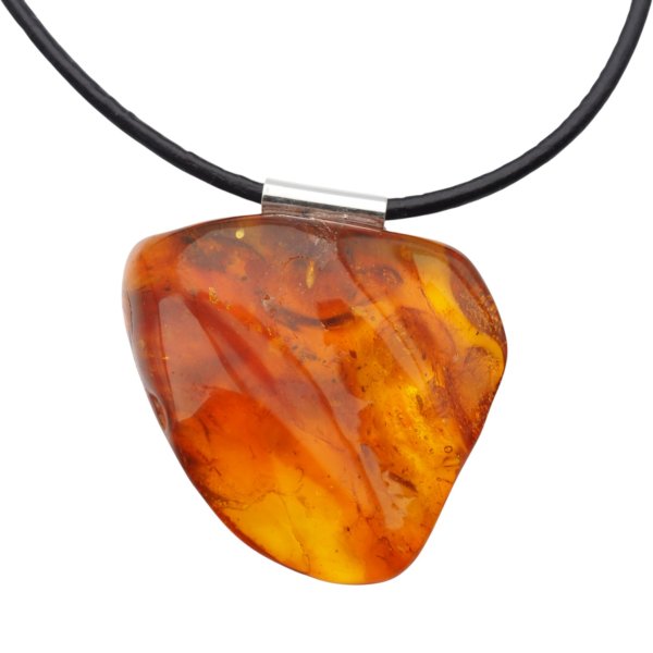 Naturalny Bursztyn surowy i srebro - naszyjnik na rzemieniu