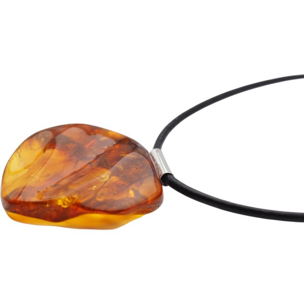 Naturalny Bursztyn surowy i srebro - naszyjnik na rzemieniu