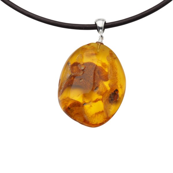 Szczątki roślinne w transparentnym bursztynie i srebro - naszyjnik na rzemieniu