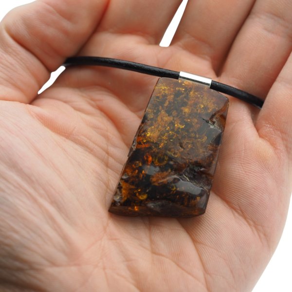 Bursztyn z łuskami i srebro - naszyjnik na rzemieniu