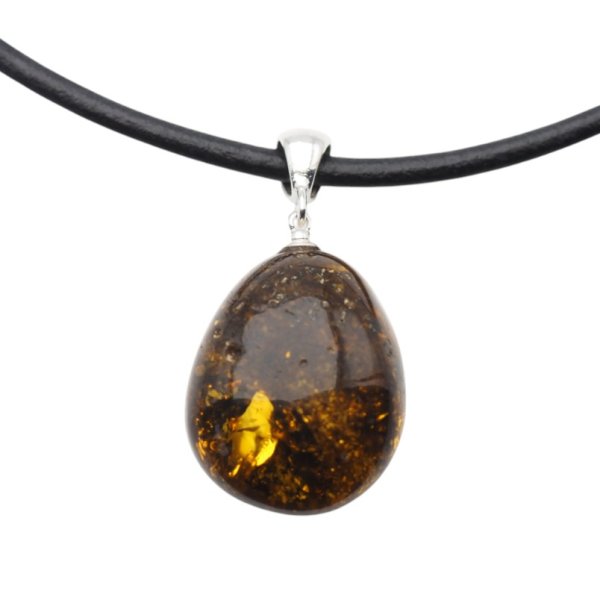 Bursztyn z łuskami i srebro - naszyjnik na rzemieniu