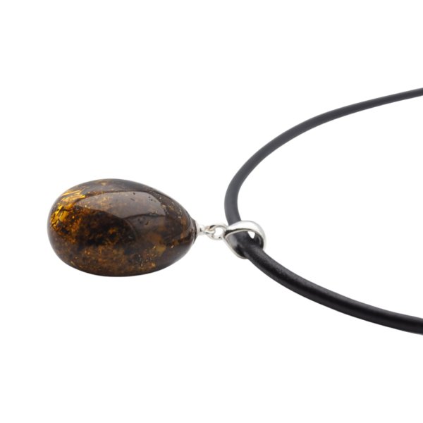 Bursztyn z łuskami i srebro - naszyjnik na rzemieniu