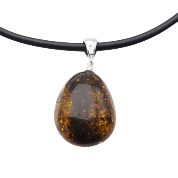 Bursztyn z łuskami i srebro - naszyjnik na rzemieniu
