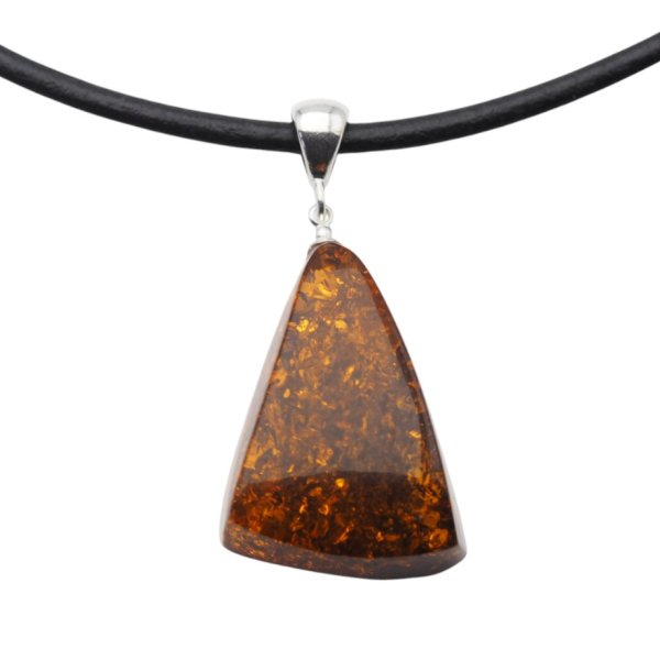 Koniakowy Bursztyn trójkątny z łuskami i srebro - naszyjnik na rzemieniu