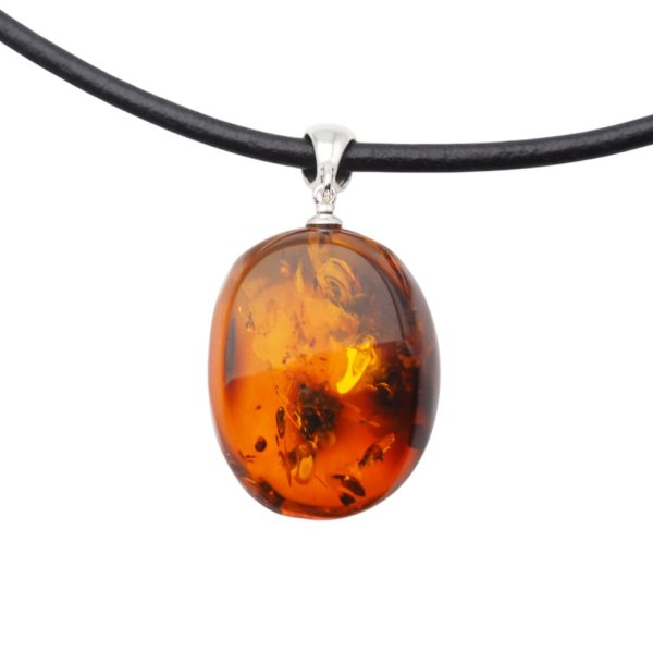 Koniakowy Bursztyn z łuskami i srebro - naszyjnik na rzemieniu